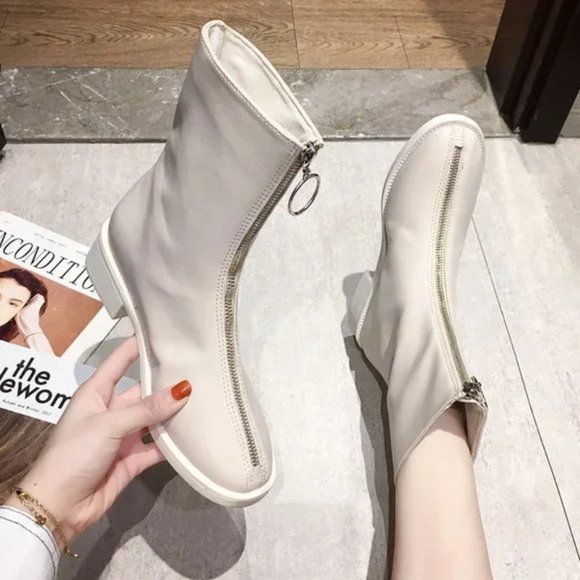 New Front Zipper Round Toe Chunky Heel All-match Mid-Cut Martin Boots - Picture 4 of 6